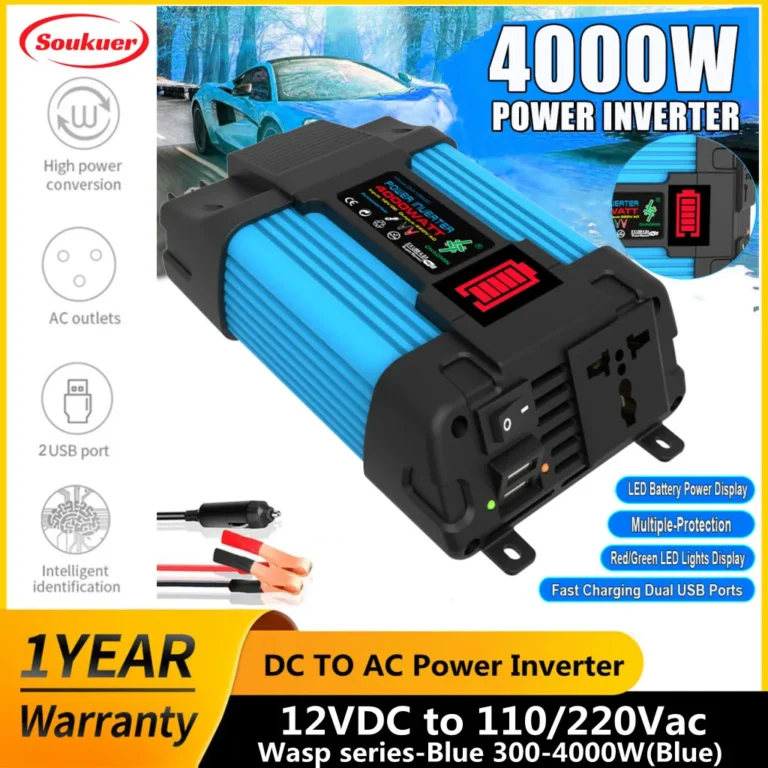Peak 4000W Car Power Inverter LED POWER Display 12V to 220V 110V Dual USB Converter Adapter Modified Sine Wave Solar Inverter Wasp series-Blue-4K