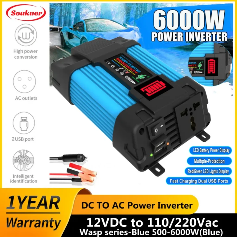 6000W 12V 220V/110V Car Power Inverter Converter Charger Adapter Dual USB LED POWER Display Transformer Modified Sine Wave Wasp series-Blue-6K