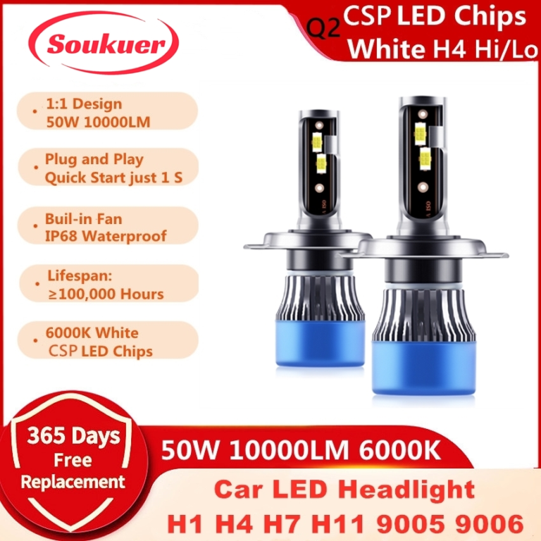 Q2 50W 10000LM H11 Car LED Headlight H7 H1 H4 Hi-Lo Beam Led Car Light 6500K CSP LED 9005 HB4 Auto Fog Headlamp